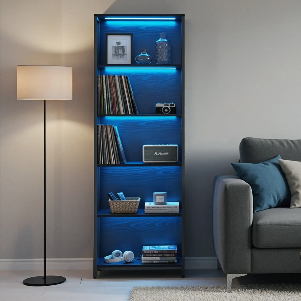 Estante de 6 prateleiras com luzes LED ajustáveis 30,3 x 60 x 178 cm preta
