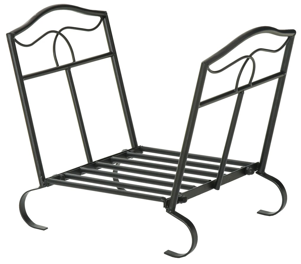 Outsunny Suporte para Lenha Metálico Porta Lenha Exterior e Interior com Grade e Base Elevada Carga Máxima 40kg 47x30x38cm Preto