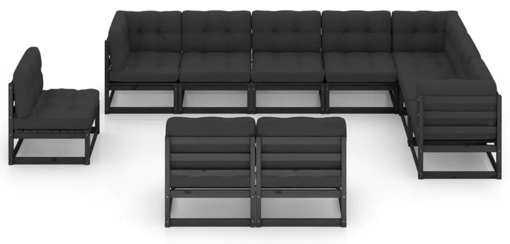 10 pcs conjunto longue jardim c/ almofadões pinho maciço preto
