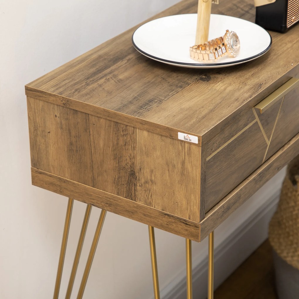 HOMCOM Consola Móvel de Entrada com 2 Gavetas Prateleira Aberta e Pés de Aço para Sala de Estar Corredor Estilo Moderno 120x29x79cm Madeira e Bronze