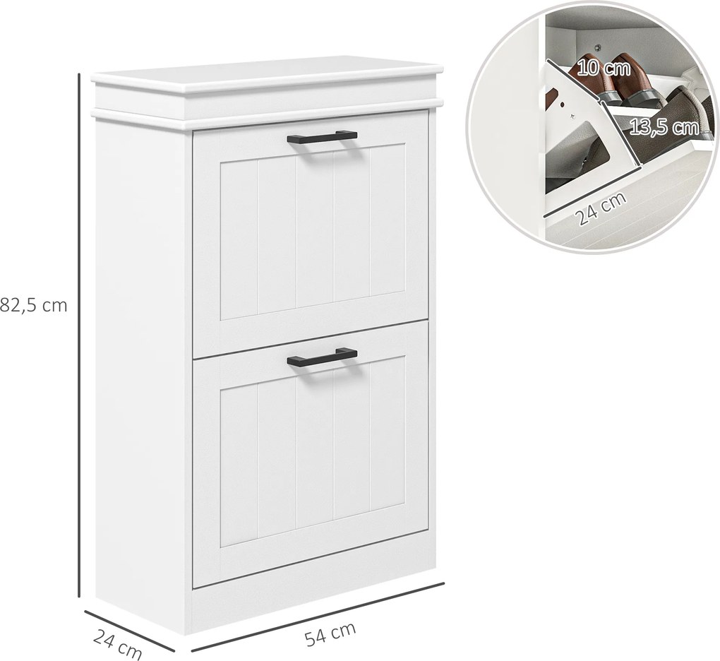 Sapateira com 2 portas basculantes 54 x 24 x 82,5 cm e prateleiras ajustáveis, para a entrada ou corredor, branco