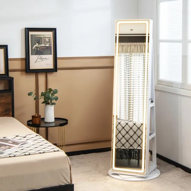 Armário para jóias com espelho de maquilhagem Base rotativa de 360° Armário para jóias com luzes LED Estante dobrável com fecho Branco