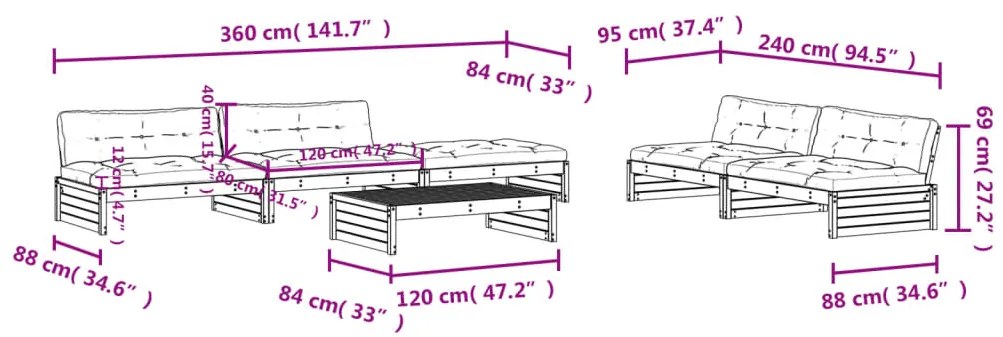6 pcs conjunto lounge jardim c/ almofadões madeira maciça