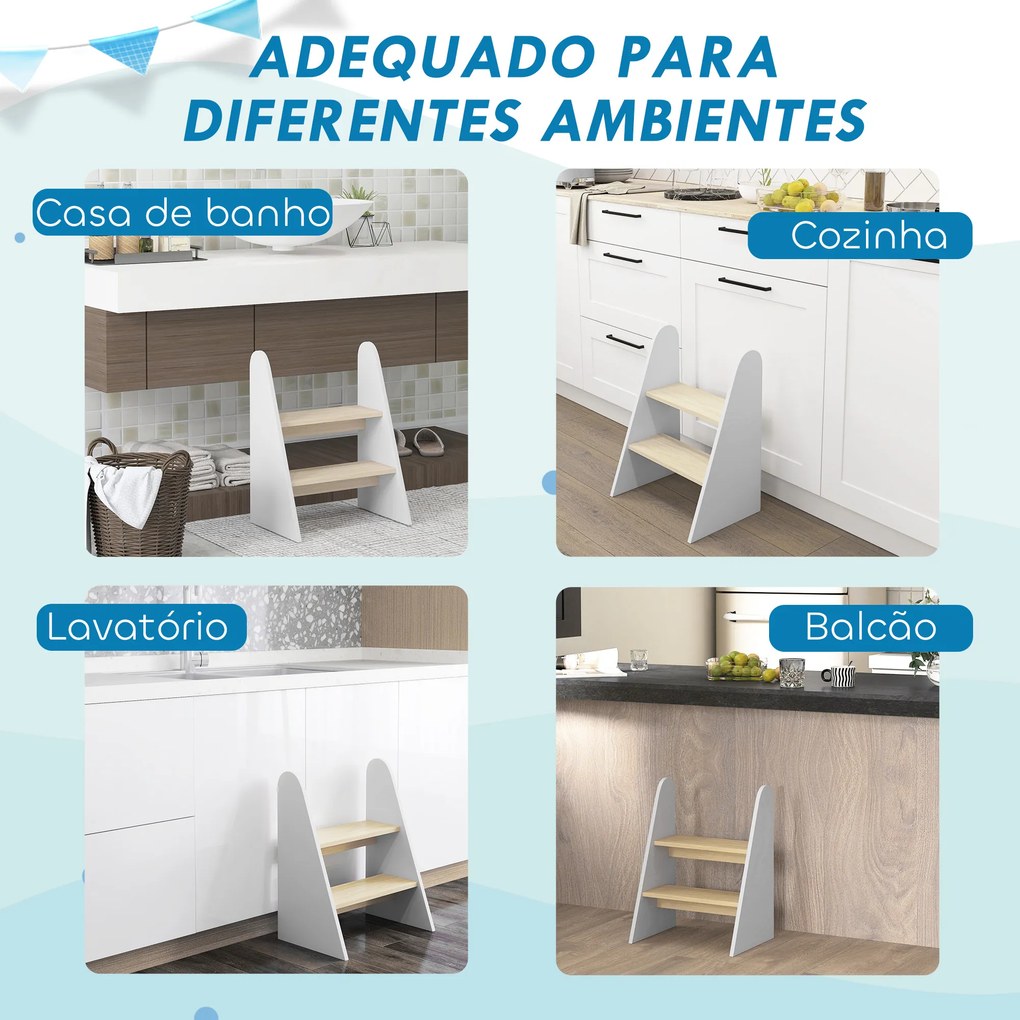 Banco para Crianças de 2 Degraus Torre de Aprendizagem Escada para Crianças acima de 3 Anos para Casa de Banho Cozinha 43x30x55 cm Branco