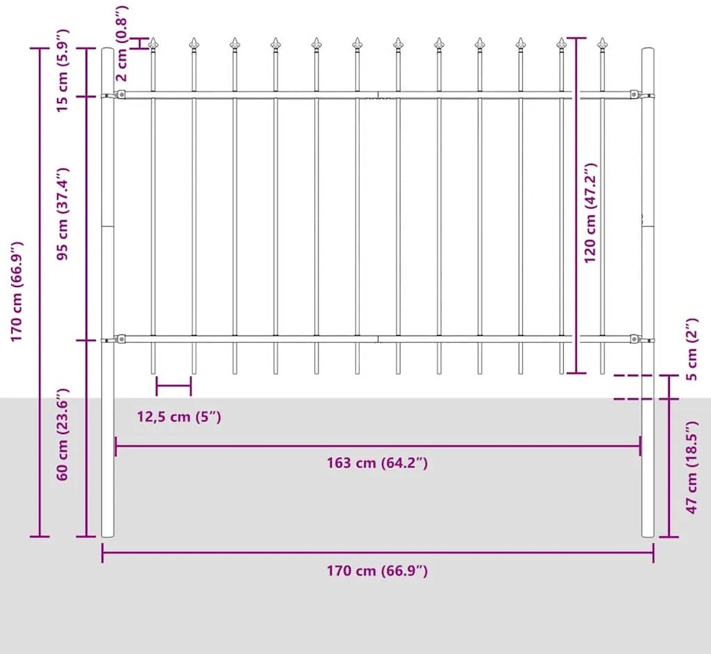 Cerca de Jardim com Topo Afiado, Cinza, 11,9 x 1,2 m, Aço