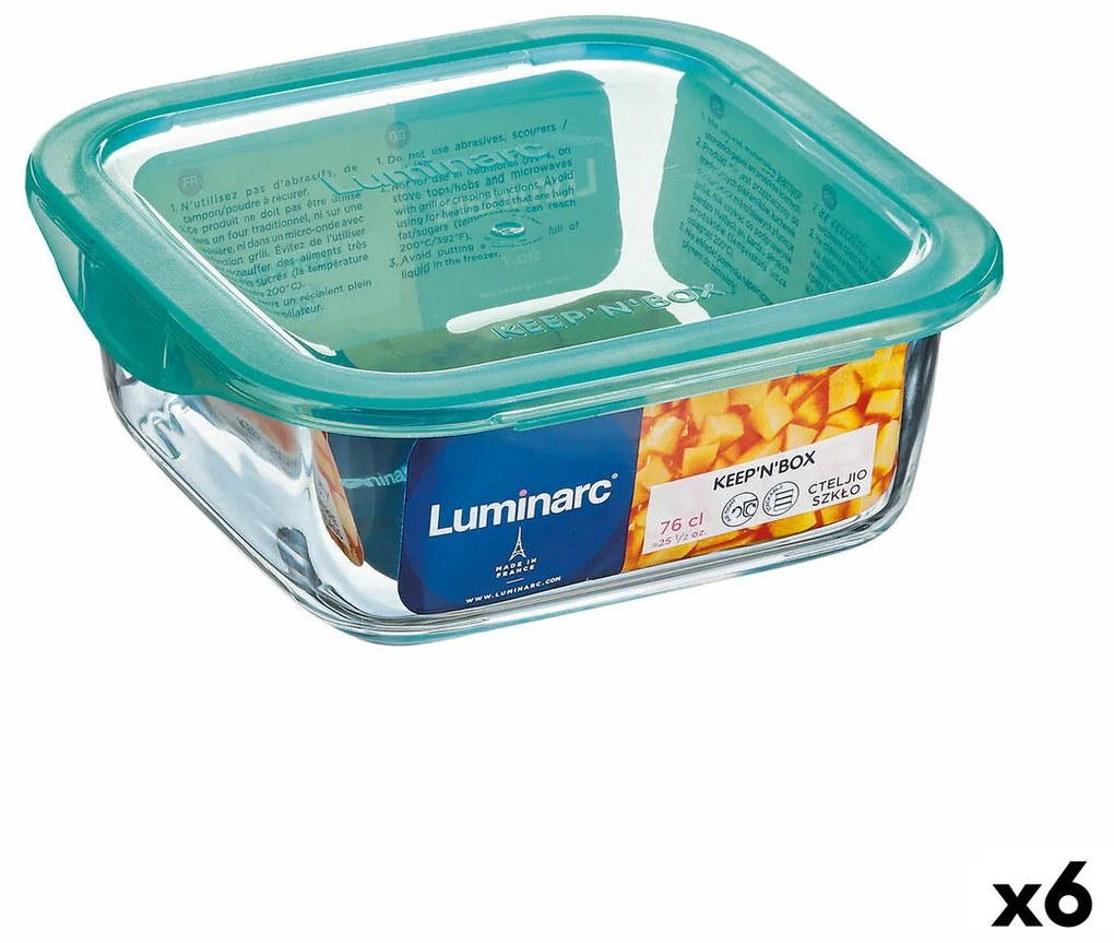 Lancheira Quadrada com Tampa Luminarc Keep'n Lagon 10 X 5,4 cm Turquesa 380 Ml Duas Cores Vidro (6 Unidades)