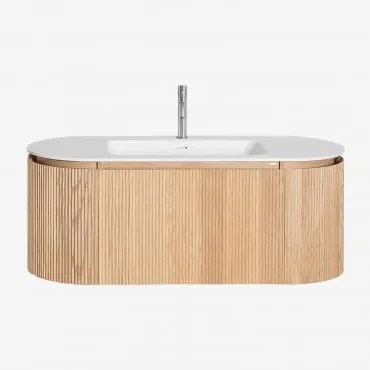 Conjunto De Móvel De Casa De Banho Suspenso Em Madeira Com Lavatório Integrado Carsone Madeira Natural & Sem Unidade Auxiliar & Sem Espelho & Cinzento