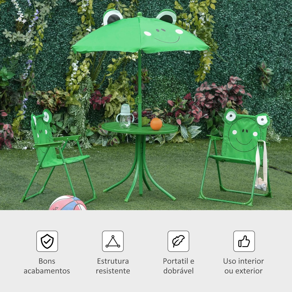 Outsunny Conjunto de Mesa e Cadeira de Jardim Conjunto de Picnic Dobrável para Crianças Conjunto de Mesa com Chapéu de Sol com Altura Ajustável 100-125cm Desenho de Sapo Verde