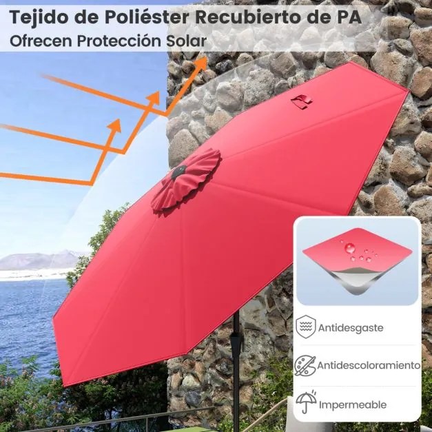 Guarda-sol jardim de 270 cm com 8 varas robustas, toldo ventilado resistente com inclinação por botão Vermelho