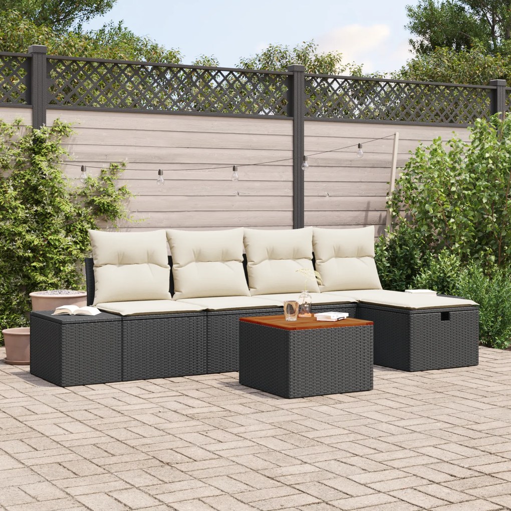 Conjunto de Sofá de Jardim com 6 Peças e Almofadas em Rattan Preto