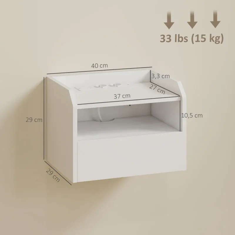 Conjunto de 2 Mesas de Cabeceira Flutuantes 40x29x29 cm com Estação de Carregamento Gaveta Prateleira Aberta Estilo Modernas Brancas