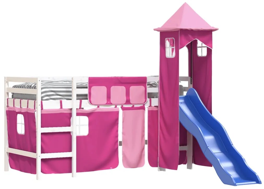 Cama alta para criança com torre 90x200 cm pinho maciço rosa
