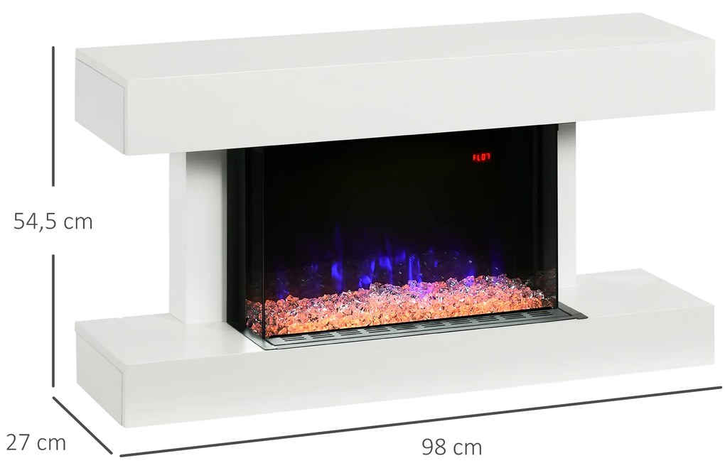 HOMCOM Lareira Elétrica 1000W/2000W Lareira Elétrica de Parede com Temperatura Ajustável Silenciosa Temporizador e Controlo Remoto para Ambientes de 15-25 m² 98x27x54,5 cm Branco