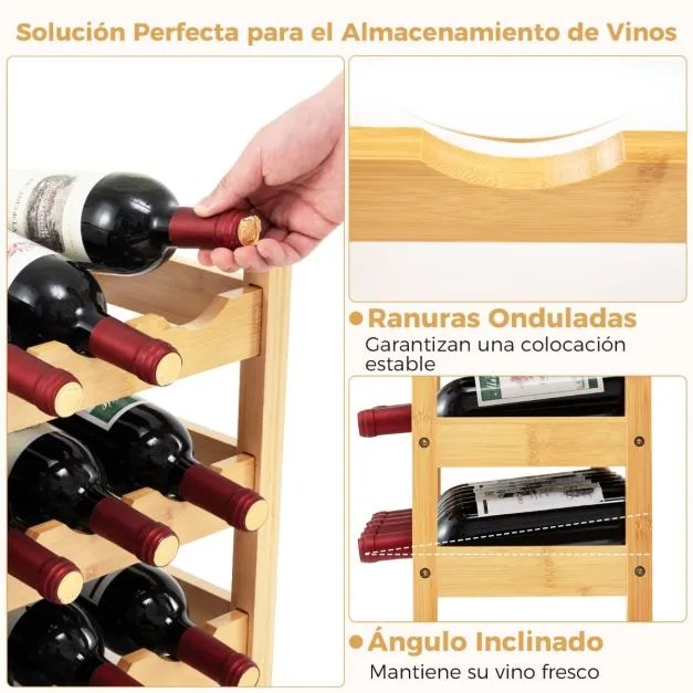 Garrafeira de bambu para garrafas de vinho de 3 níveis para 18 garrafas de vinho com ranhuras em onda Balcão de cozinha Despensa Bar Adega de vinhos N