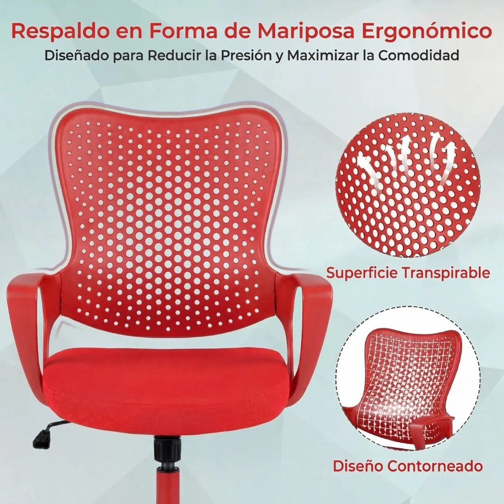 Cadeira de escritório ergonómica com braços, almofada acolchoada e encosto respirável, modelo «Borboleta», para estudar e trabalhar, vermelha