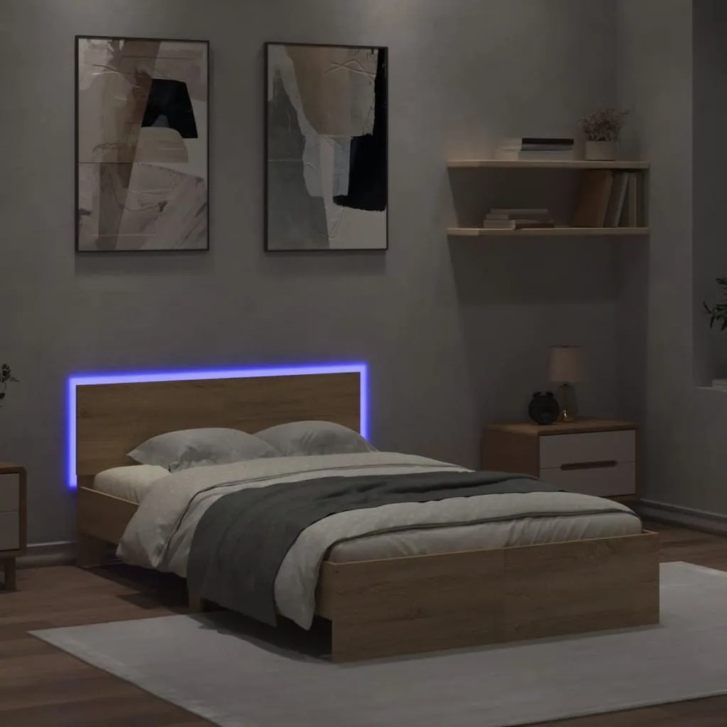 Estrutura cama c/ cabeceira/luzes LED 135x190cm carvalho sonoma