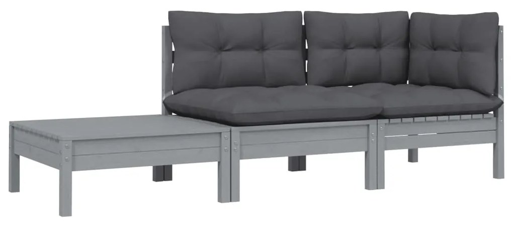 3 pcs conj. lounge jardim c/ almofadões pinho maciço cinzento