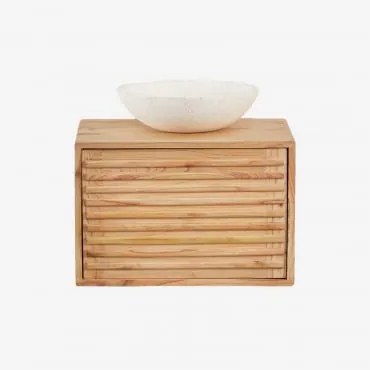 Conjunto De Móveis De Banheiro De Madeira Suspensos Deleyna Madeira Natural & Cimento Redondo Branco Ø40 Cm Zavion & Sem Espelho & Sem Torneira -