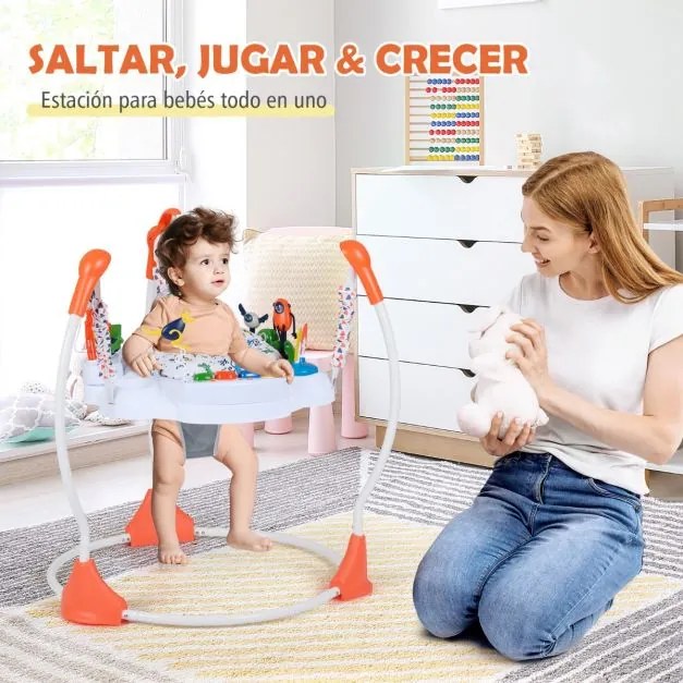 Centro de atividades para bebés com saltador, 6 brinquedos, luzes, música, 3 alturas ajustáveis, mesa giratória 360° para 6+ meses, Laranja