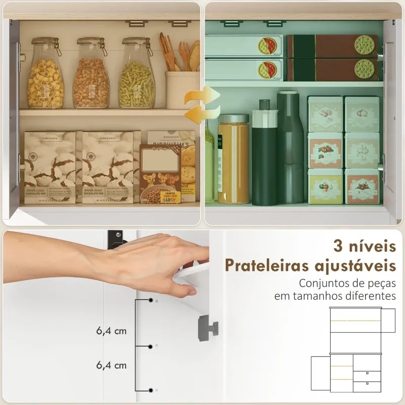 Armário de Cozinha com 3 Portas 2 Gavetas 3 Prateleiras na Porta 8 Ganchos Bancada Ampla 100x40x162 cm Branco