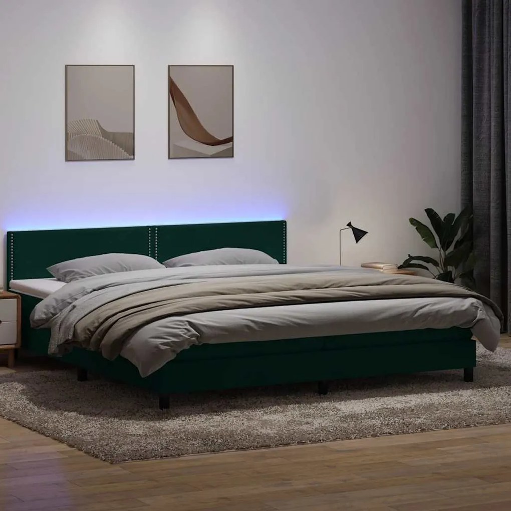 vidaXL Cama box spring c/ colchão e LED 180x220 cm veludo verde-escuro