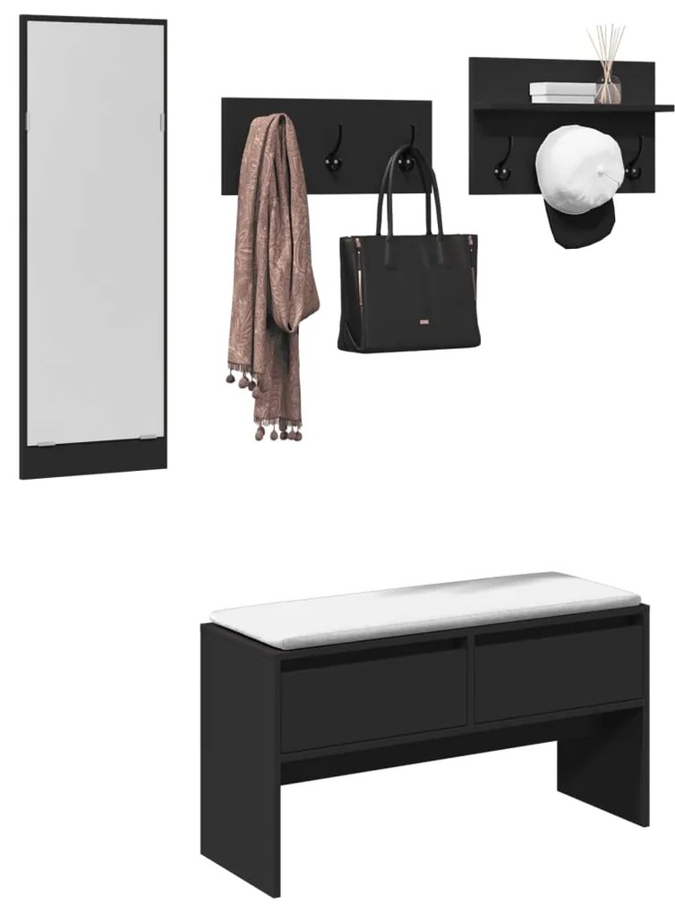 vidaXL 4 pcs conj. de móveis de corredor derivados de madeira preto