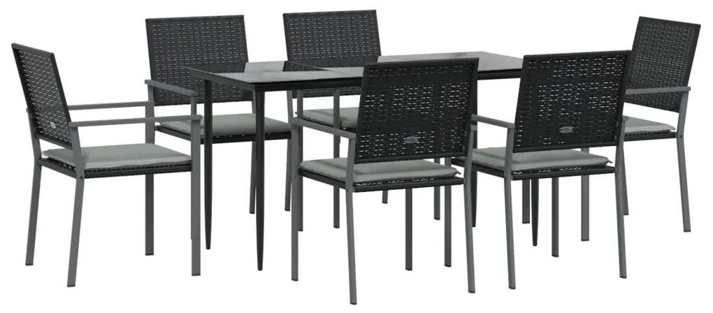 7 pcs conjunto de jantar p/ jardim c/ almofadões vime PE e aço