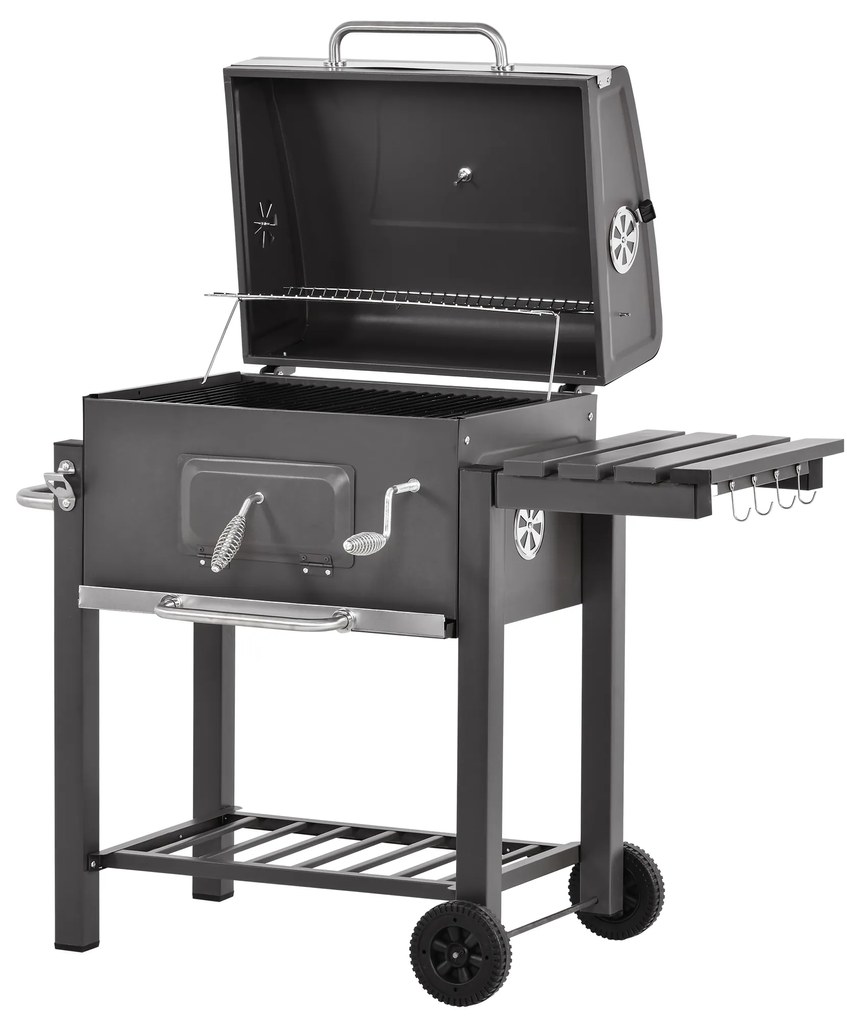 Outsunny Barbecue a Carvão com Rodas Prateleira Lateral e Termômetro Barbecue a Carvão para Jardim Campismo Exterior 115x56x108cm Cinza