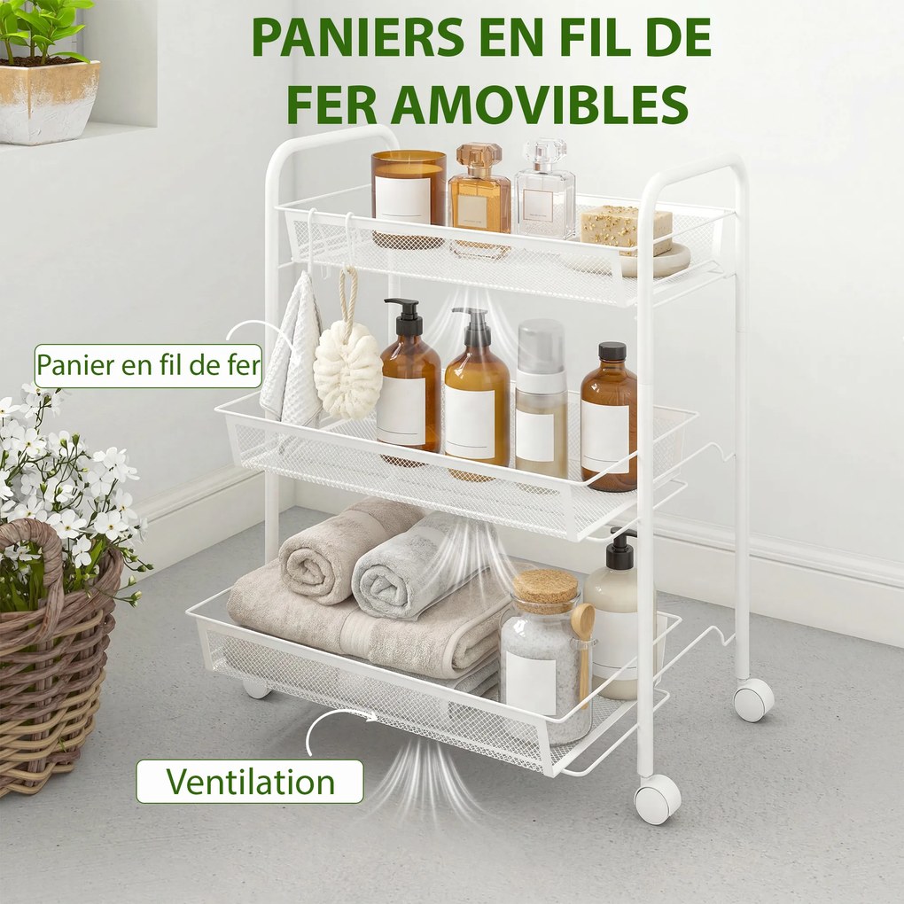 Carrinho de 3 níveis com cestos de cozinha com Rodas  45 x 26,5 x 63 cm, carrinho de arrumação com Rodas,, branco