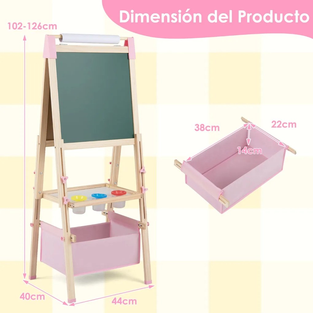 Cavalete de madeira para crianças ajustável com quadro negro e branco, rolo de papel e ímanes, natural e rosa