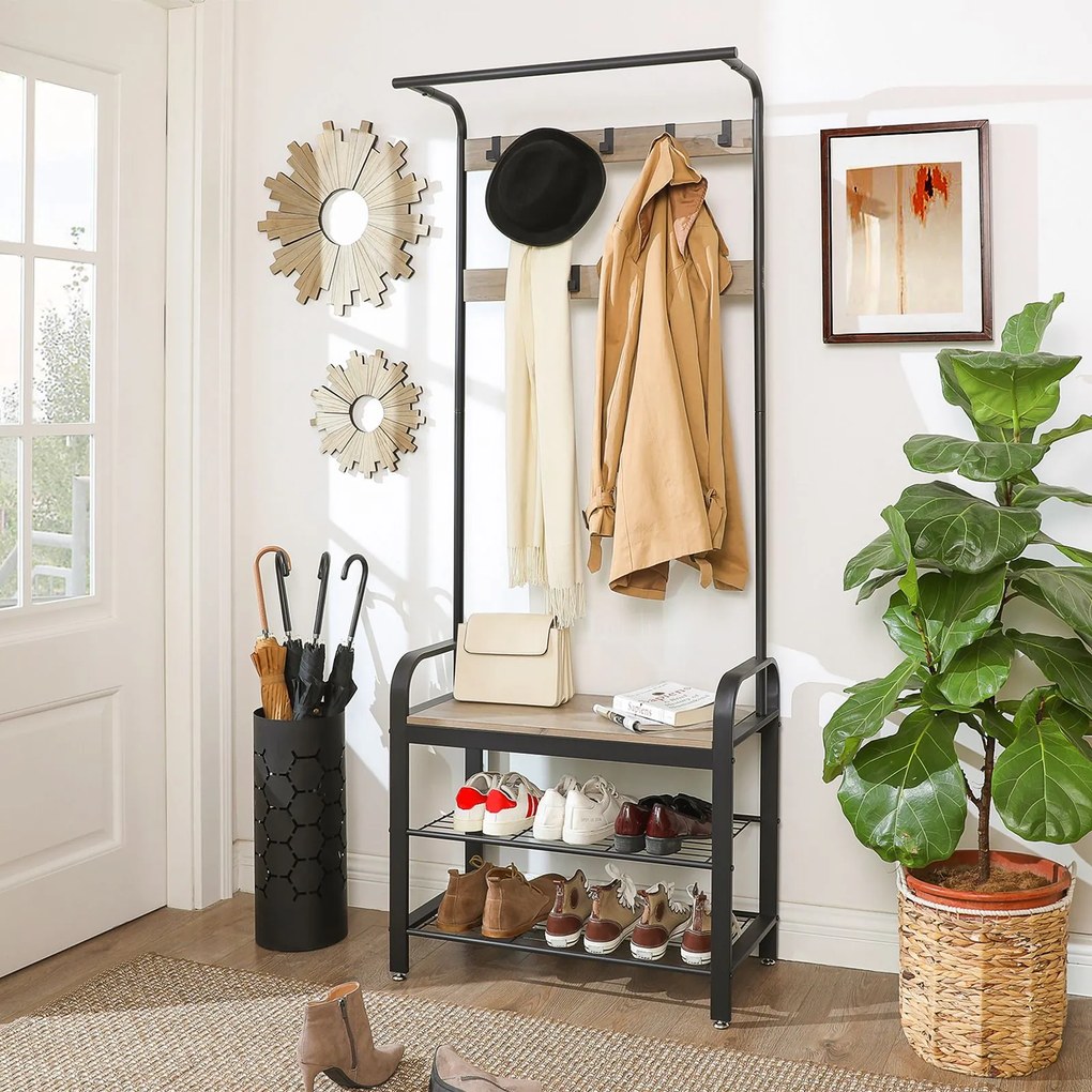 Cabide Bengaleiro entrada Hall com banco e sapateira 33,7 x 72 x 183 cm preto-greige