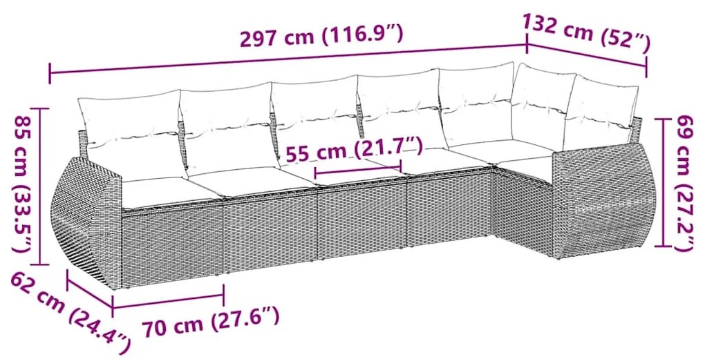 6 pcs conjunto sofás de jardim c/ almofadões vime PE preto