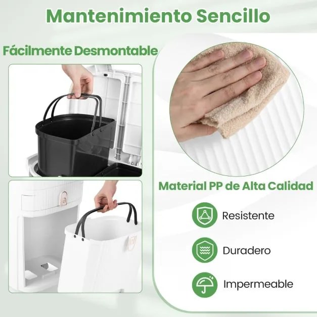 Caixote do lixo de 42 L com 2 caixotes removíveis, gaveta com pedal e rodas para sala, cozinha e casa de banho, branco
