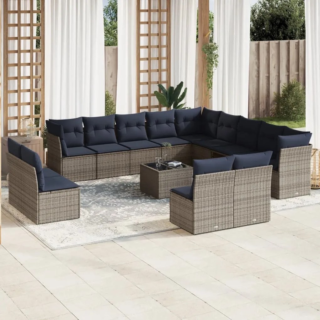vidaXL 14 pcs conjunto sofás p/ jardim c/ almofadões vime PE cinzento
