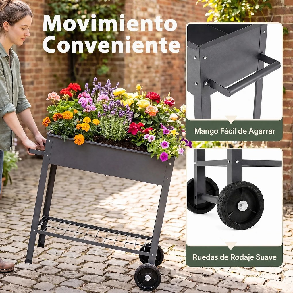 Floreira Elevada para Horta, 88 x 37 x 80 cm, com Rodas, Cinzento