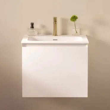 Conjunto De Móvel De Casa De Banho Suspenso Em Madeira Com Lavatório Integrado Macrae Branco & Sem Espelho & Dourado Escovado - Sklum