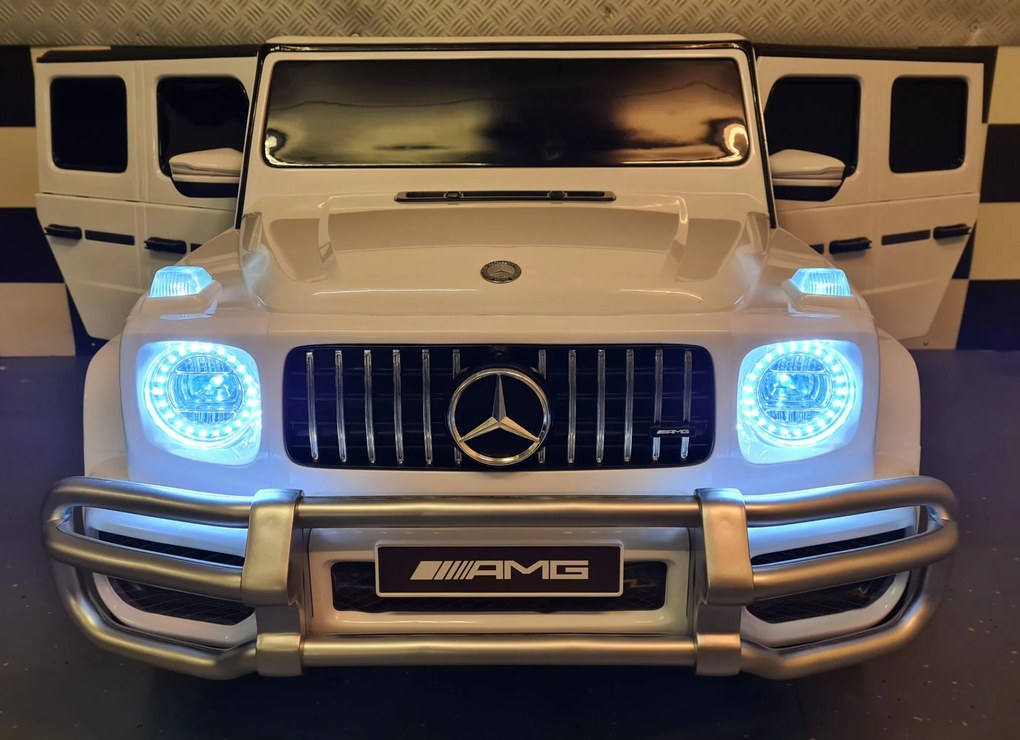 Carro infantil a bateria Mercedes G63 2 lugares 12V, Pneus Borracha, Assento couro branco