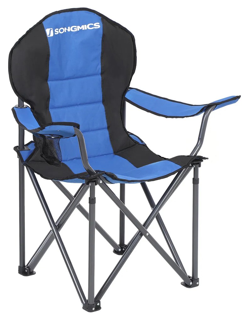 Cadeira de acampamento dobrável SONGMICS, com assento de esponja confortável, porta-copos, estrutura resistente, capacidade máxima de carga de 250 kg, cadeira para áreas externas, azul GCB06BU