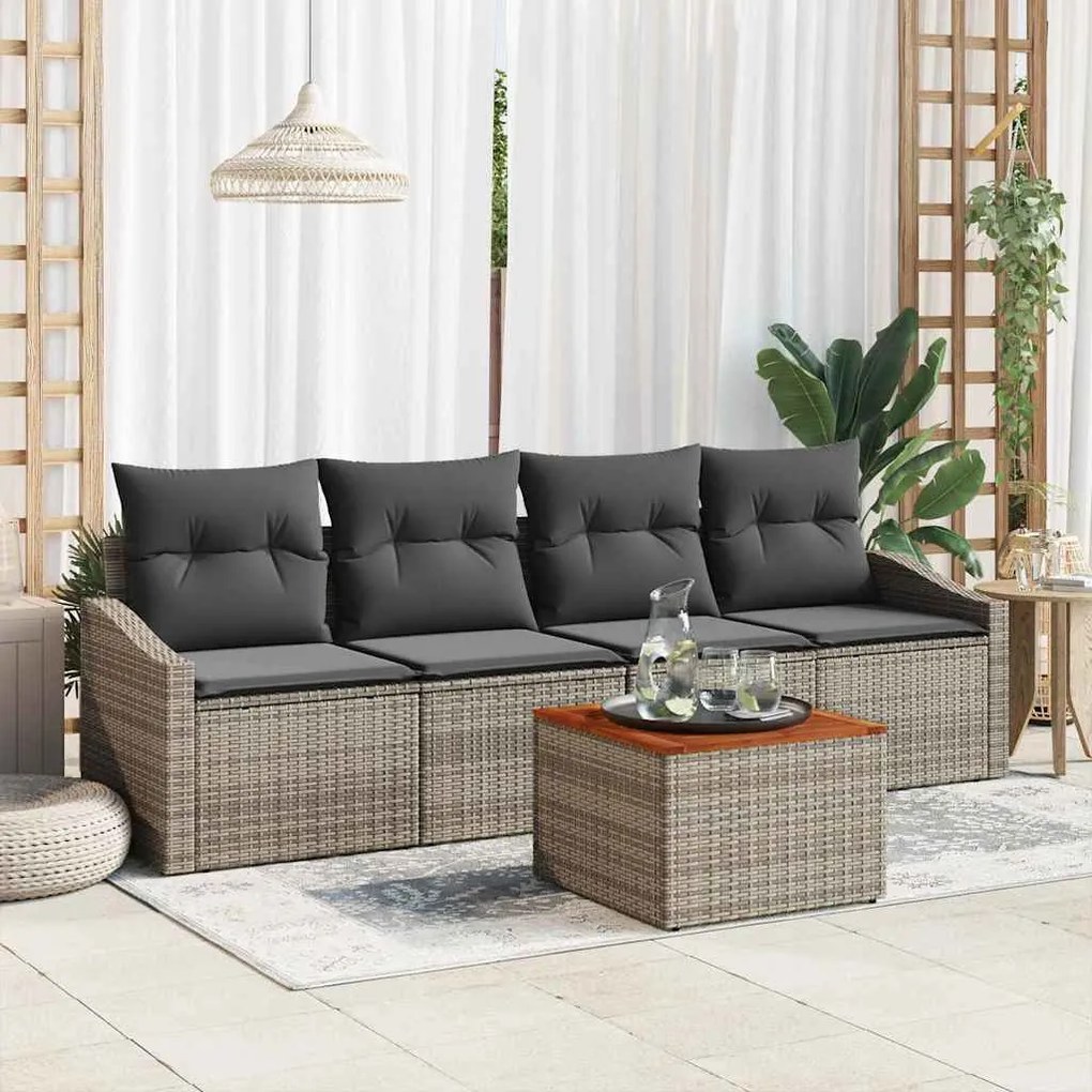 vidaXL Conjunto de Sofá de Jardim de 5 Peças com Almofadas Cinza de Rattan Sintético e Acácia