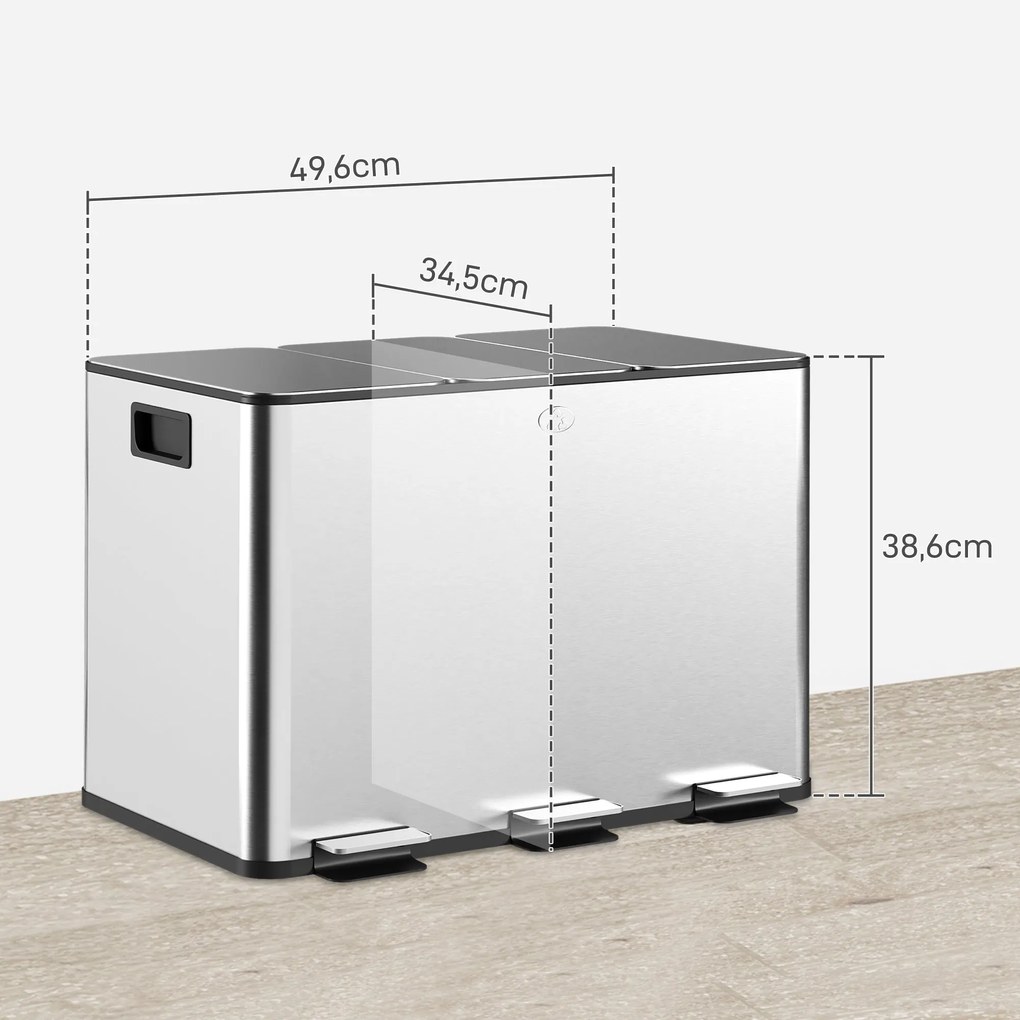 HOMCOM Balde de Lixo de Cozinha com 3 Compartimentos 3x10L Cubo de Lix