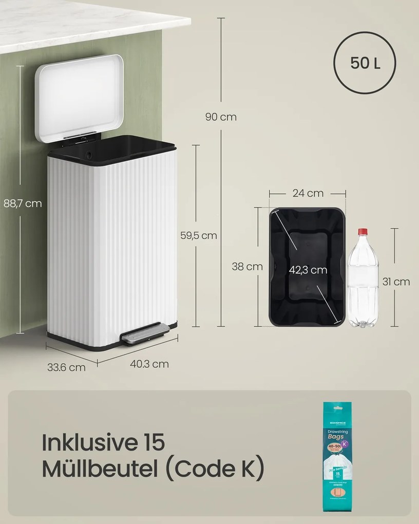 Caixote do lixo 50 L com pedal e fecho suave 40,3 x 33,6 x 62,5 cm Branco