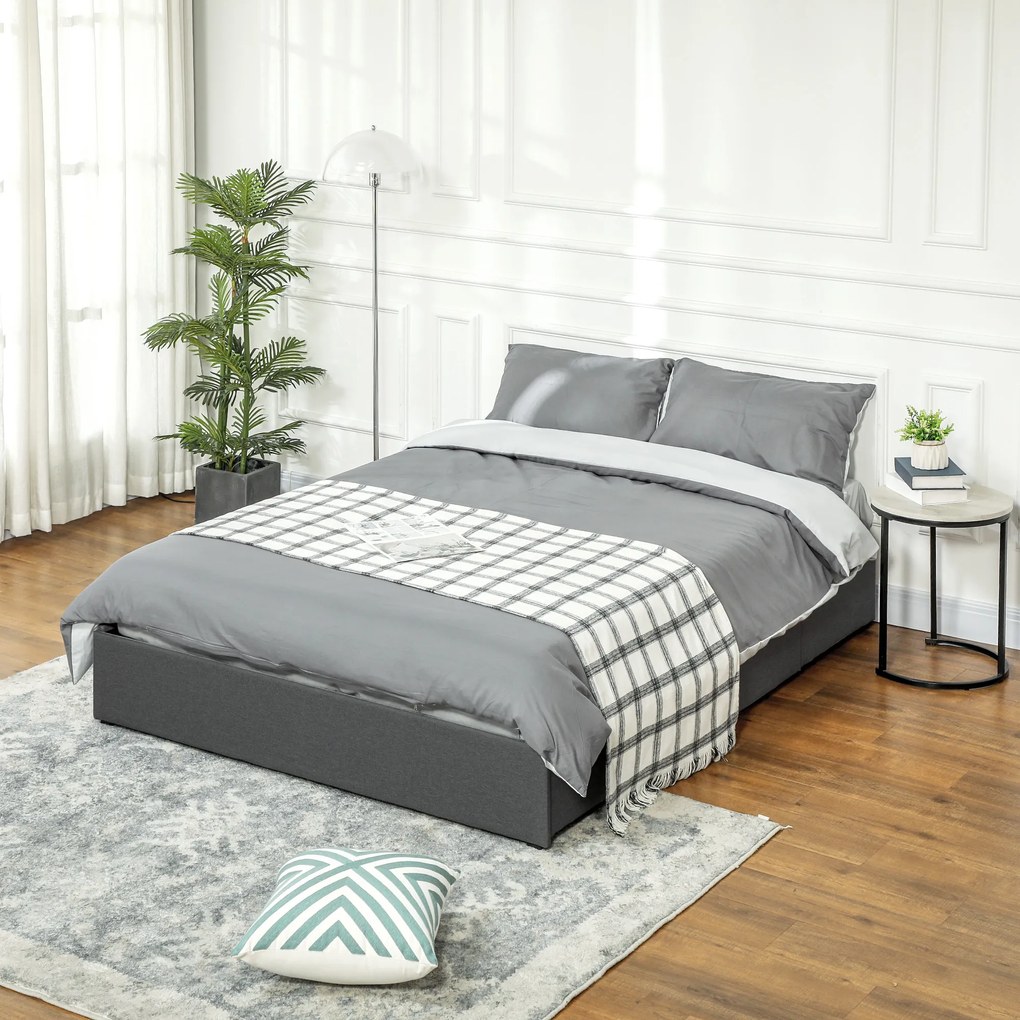 Estrutura de Cama Dupla 140x190 cm Estrutura Cama de Casal com 3 Gavetas e Estrutura de Metal Carga 363 kg Cinza