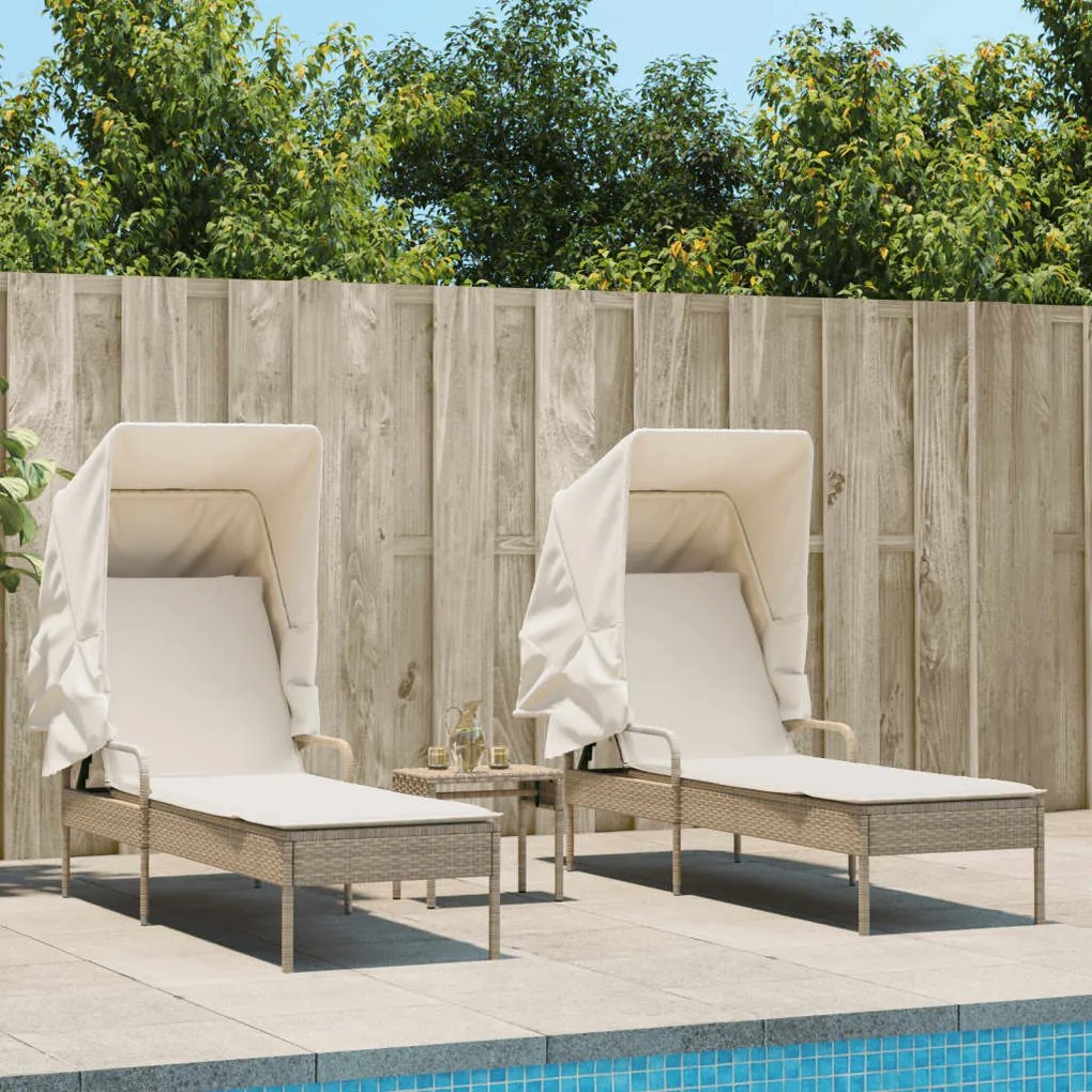 vidaXL Espreguiçadeiras com toldos e mesa 2 pcs vime PE bege