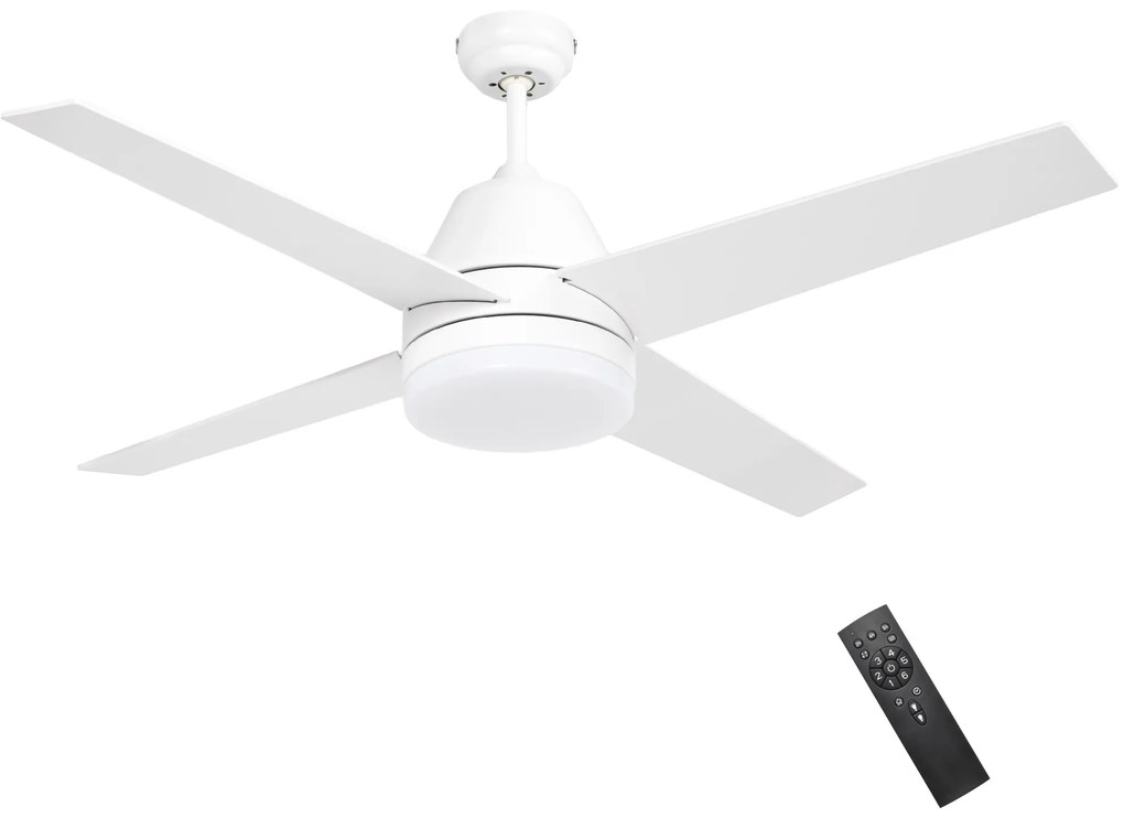 Ventoinha de Teto com Luz 46W Ø129 cm com 4 Lâminas Reversíveis Controlo Remoto 6 Velocidades e Temporizador Branco