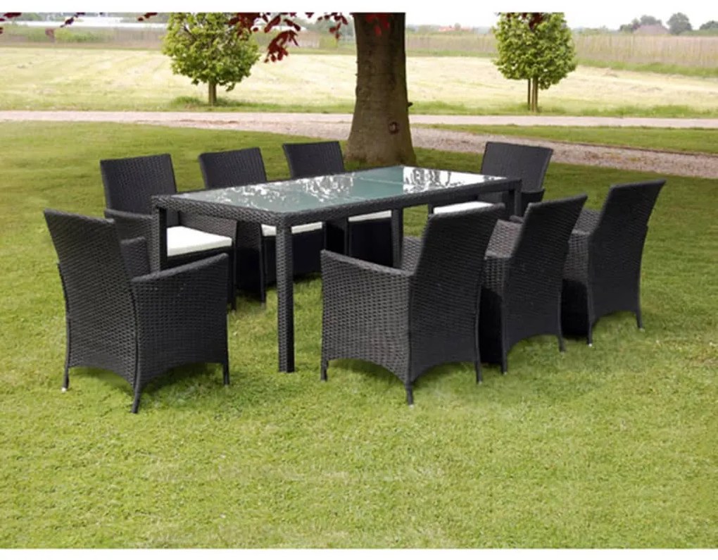 9 pcs conjunto jantar exterior com almofadões vime PE preto