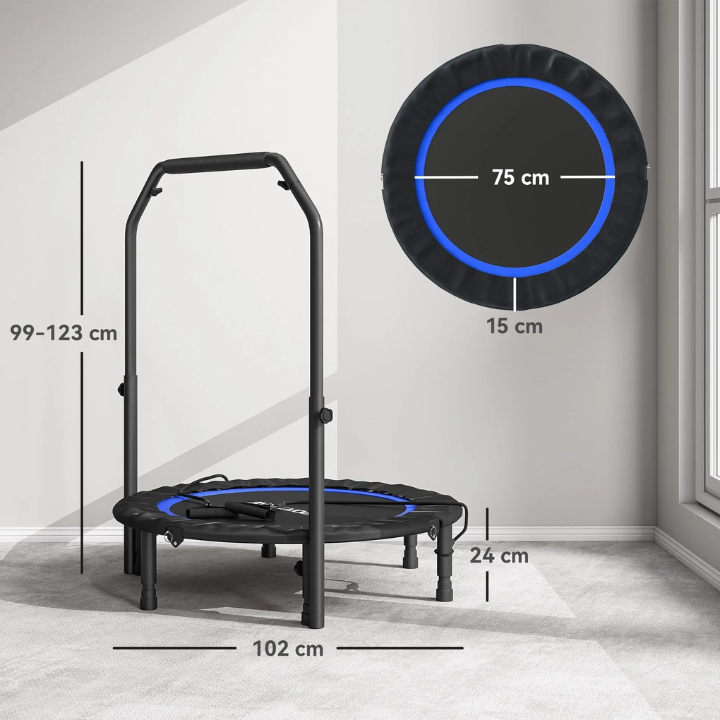 Trampolim de Fitness Ø102 cm Dobrável com Guiador Ajustável de 4 Níveis e Bandas para Treino de Pernas e Corpo Azul