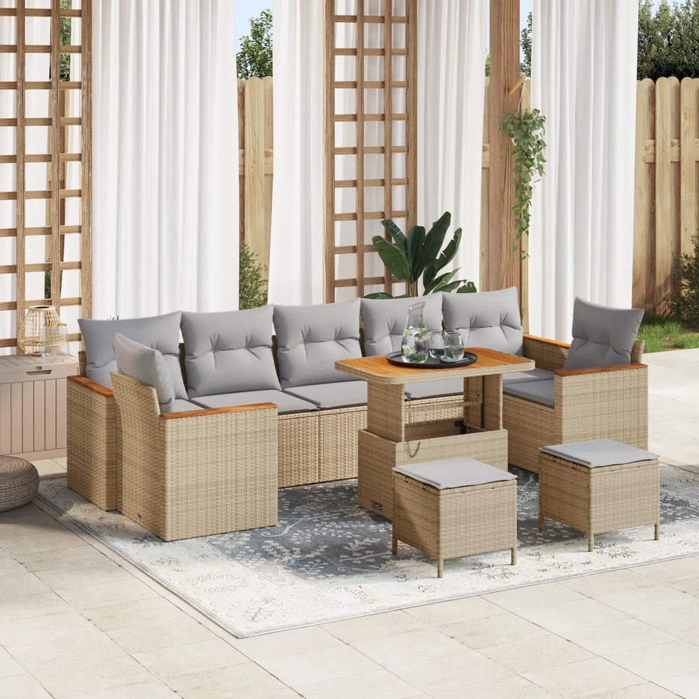 Conjunto de Sofá de Jardim vidaXL de 10 peças com Almofadas em Bege de Rattan Poliéster de Acácia