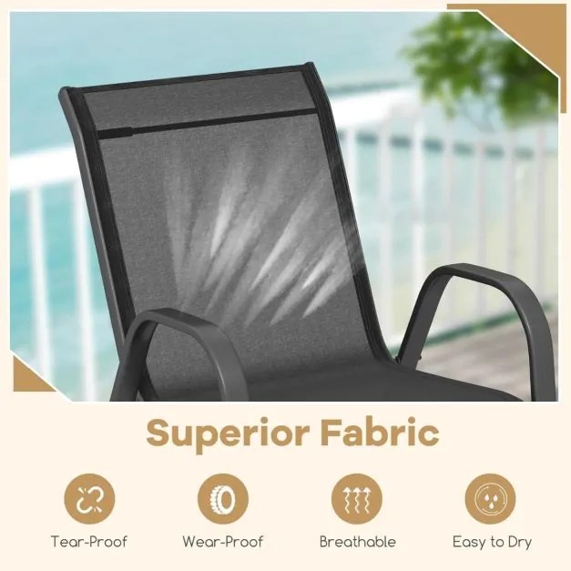 Conjunto de 2 cadeiras de jantar de jardim empilháveis Estrutura resistente ao tecido respirável Pátio exterior Praia 55 x 67 x 83 cm Preto