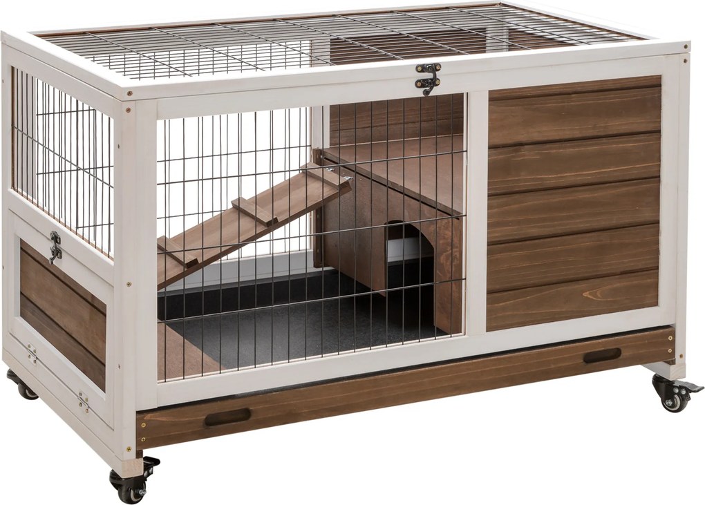 PawHut Coelheira de Madeira Gaiola de para Pequenos Animais Portátil com Teto Abatível Rampa Bandeja Removível 90x53x59cm Marrom | Aosom Portugal