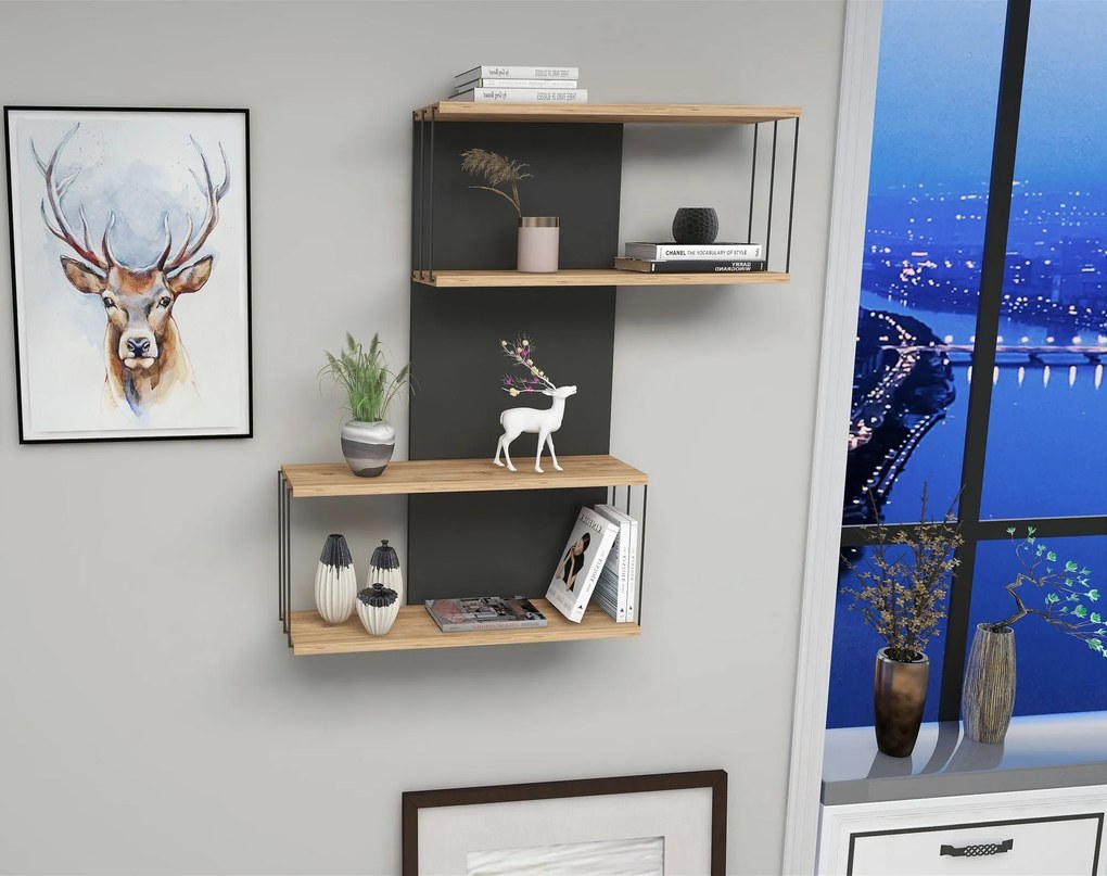 Prateleira de Parede Destan – Antracite e Carvalho – 65x96x19 cm